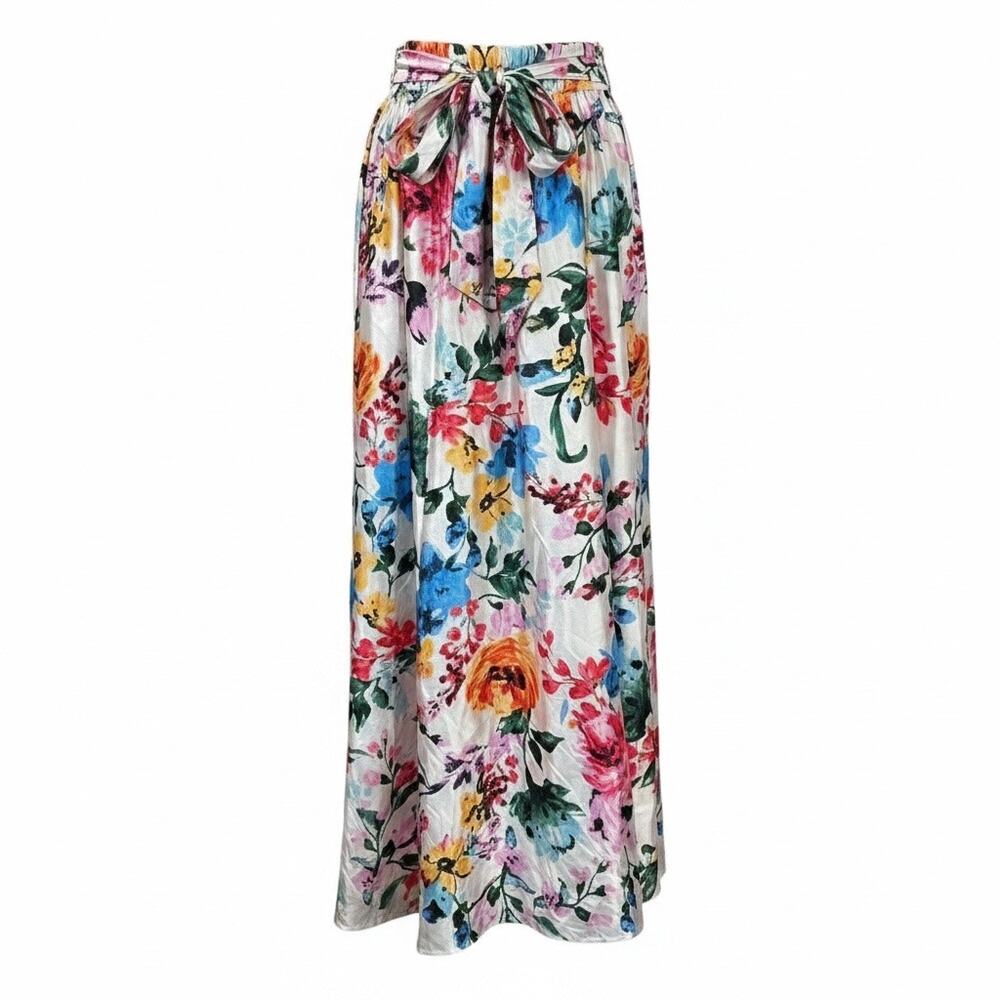 Floral Satin Maxi Skirt Medium Tie Waist White Colorful Boho Coquette Garden